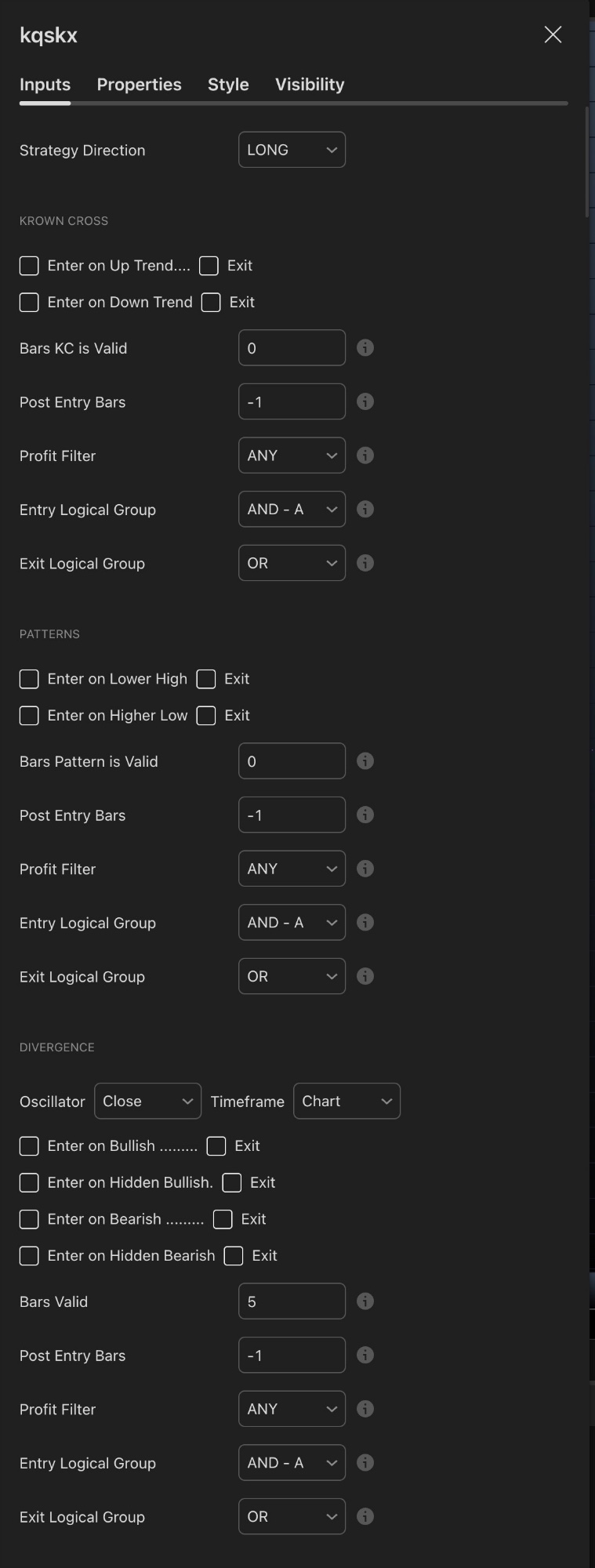 KQSKX settings panel showing Strategy Direction, Krown Cross, Patterns and Divergence modules