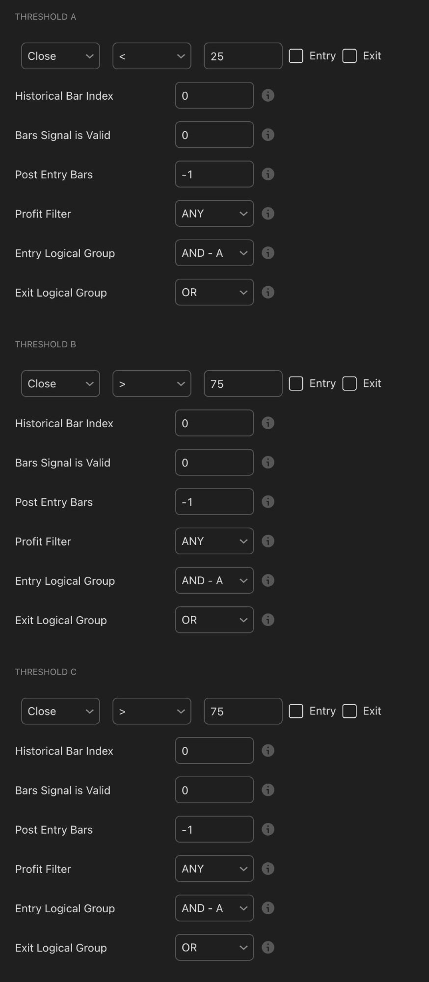 KQSKX threshold settings showing Threshold A with Close less than 25 with Entry and Exit checkboxes, Historical Bar Index, Bars Signal is Valid, Post Entry Bars, Profit Filter, Entry Logical Group and Exit Logical Group. Threshold B shows Close greater than 75 and Threshold C with identical layout.