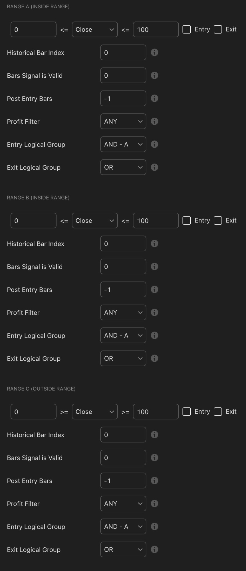 KQSKX range settings showing Range A as Inside Range with 0 less than or equal to Close less than or equal to 100, Range B identical inside range layout, and Range C as Outside Range with 0 greater than or equal to Close greater than or equal to 100. Each has Historical Bar Index, Bars Signal is Valid, Post Entry Bars, Profit Filter, and Logical Group settings.