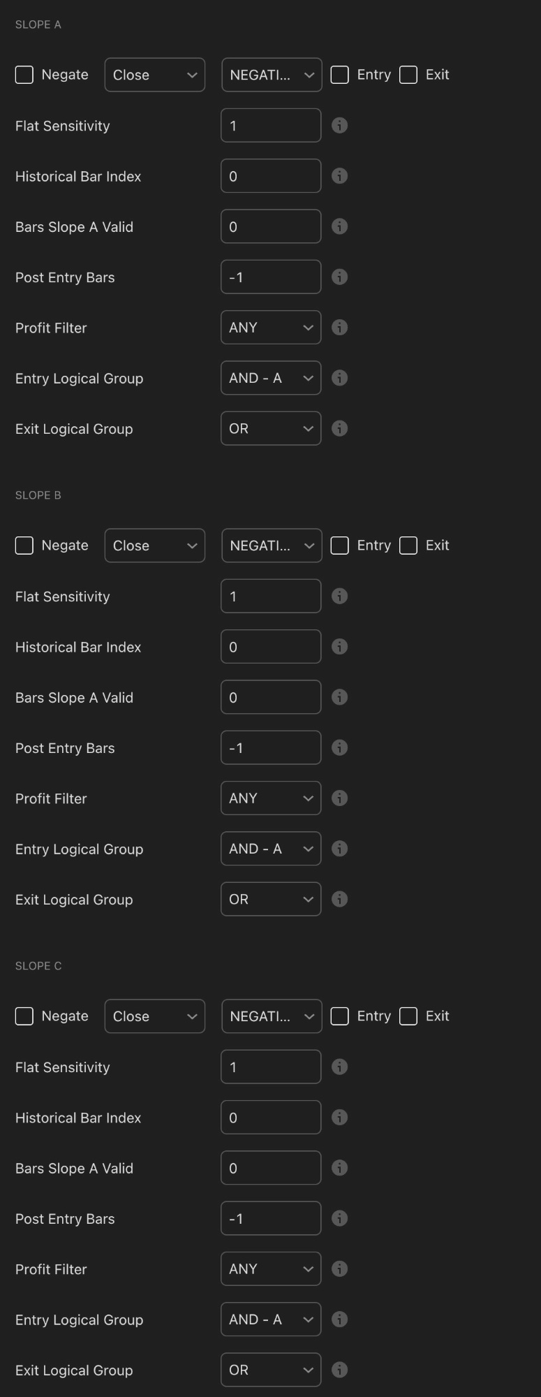 KQSKX slope settings showing Slope A, Slope B, and Slope C each with a Negate checkbox, Close source dropdown, NEGATIVE direction dropdown, Flat Sensitivity set to 1, Historical Bar Index, Bars Slope A Valid, Post Entry Bars, Profit Filter, and Logical Group settings