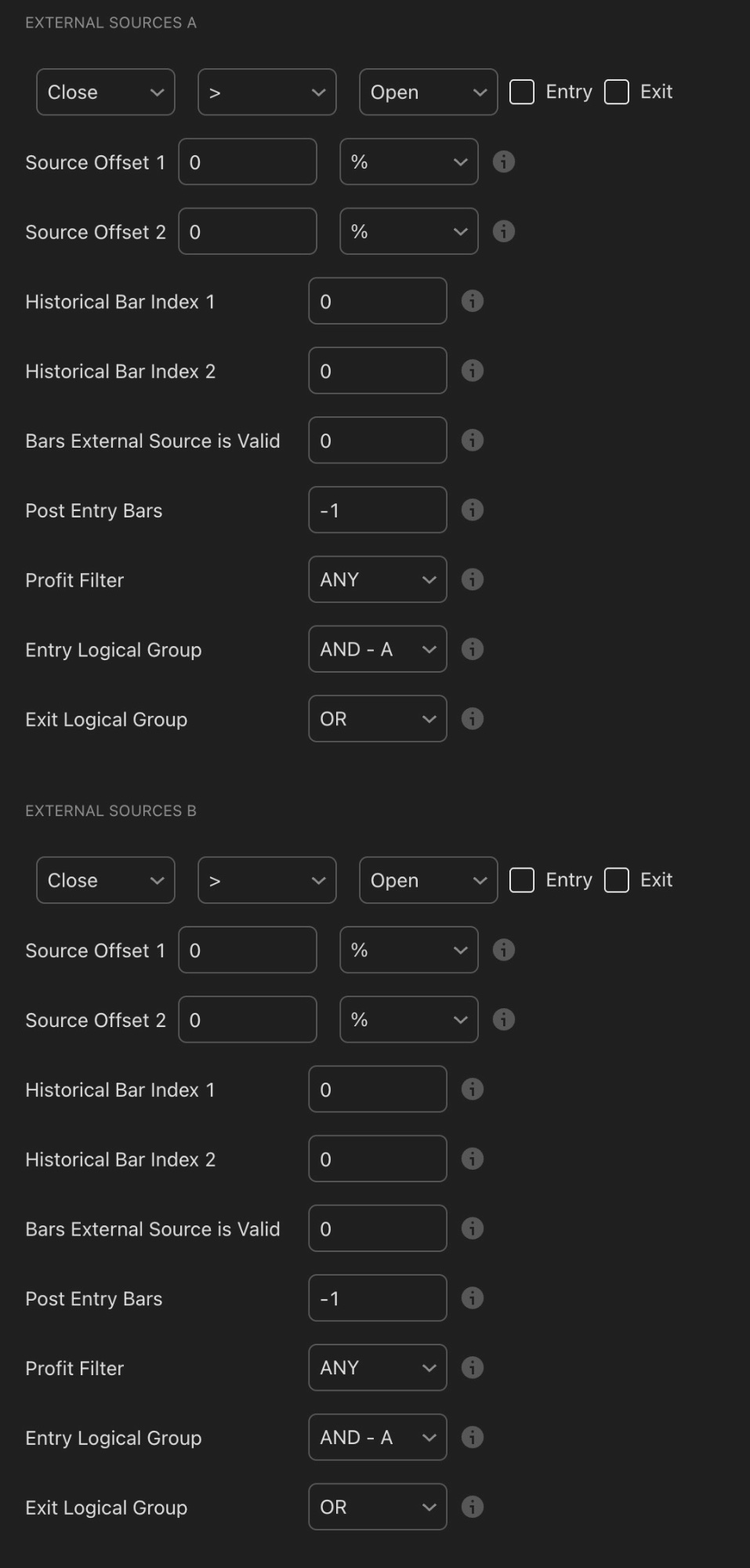 KQSKX external sources settings showing External Sources A with Close greater than Open comparison, Source Offset 1 and 2 set to 0 percent, Historical Bar Index 1 and 2 set to 0, Bars External Source is Valid, Post Entry Bars, Profit Filter, Entry and Exit Logical Group settings. External Sources B shows identical layout below.