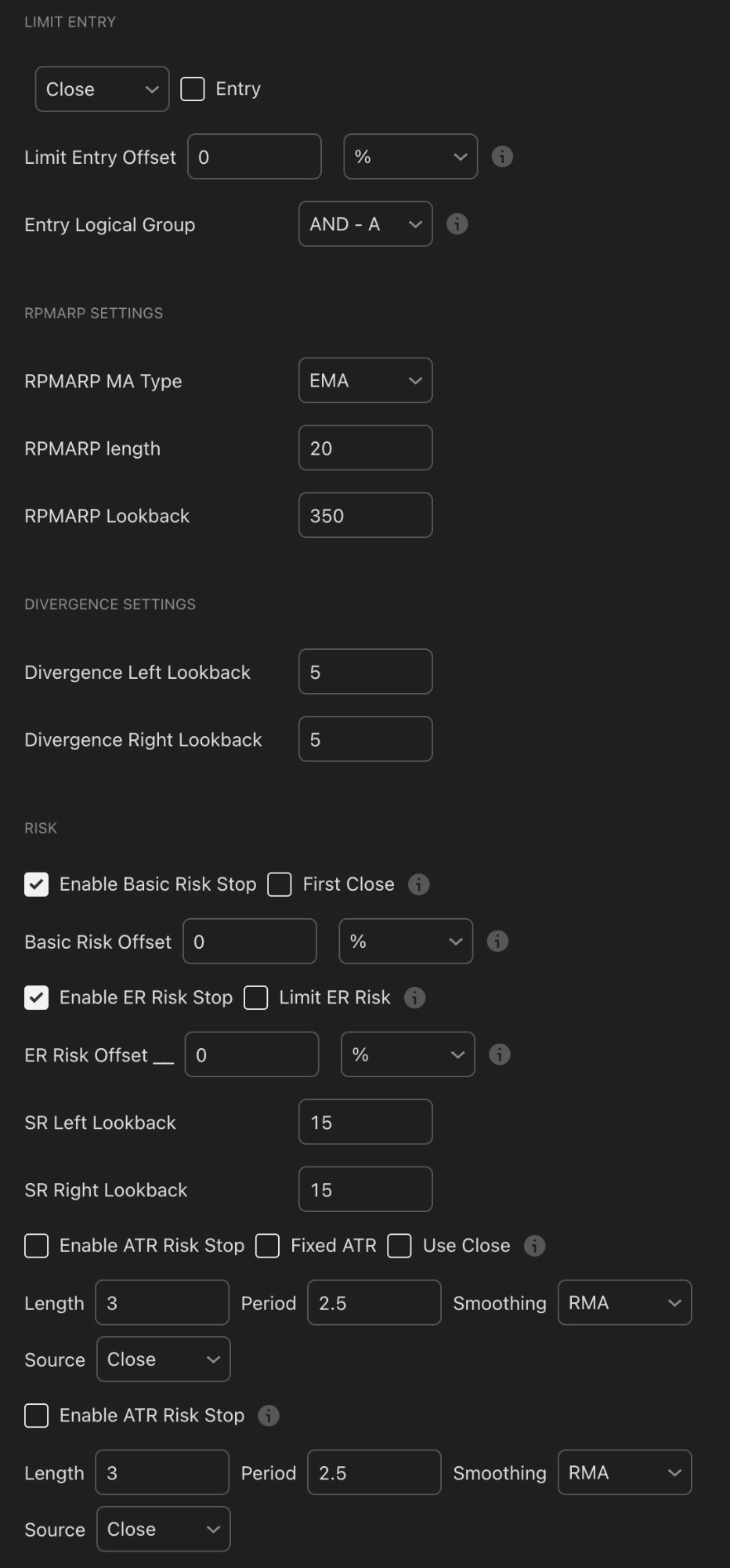KQSKX risk settings showing Limit Entry section, RPMARP Settings with EMA type, length 20 and lookback 350, Divergence Settings with Left and Right Lookback set to 5, and Risk section showing Enable Basic Risk Stop checkbox, First Close checkbox, Basic Risk Offset, Enable ER Risk Stop, Limit ER Risk, ER Risk Offset, SR Left Lookback 15 and SR Right Lookback 15, Enable ATR Risk Stop with Fixed ATR, Use Close, Length 3, Period 2.5, Smoothing RMA and Source Close settings