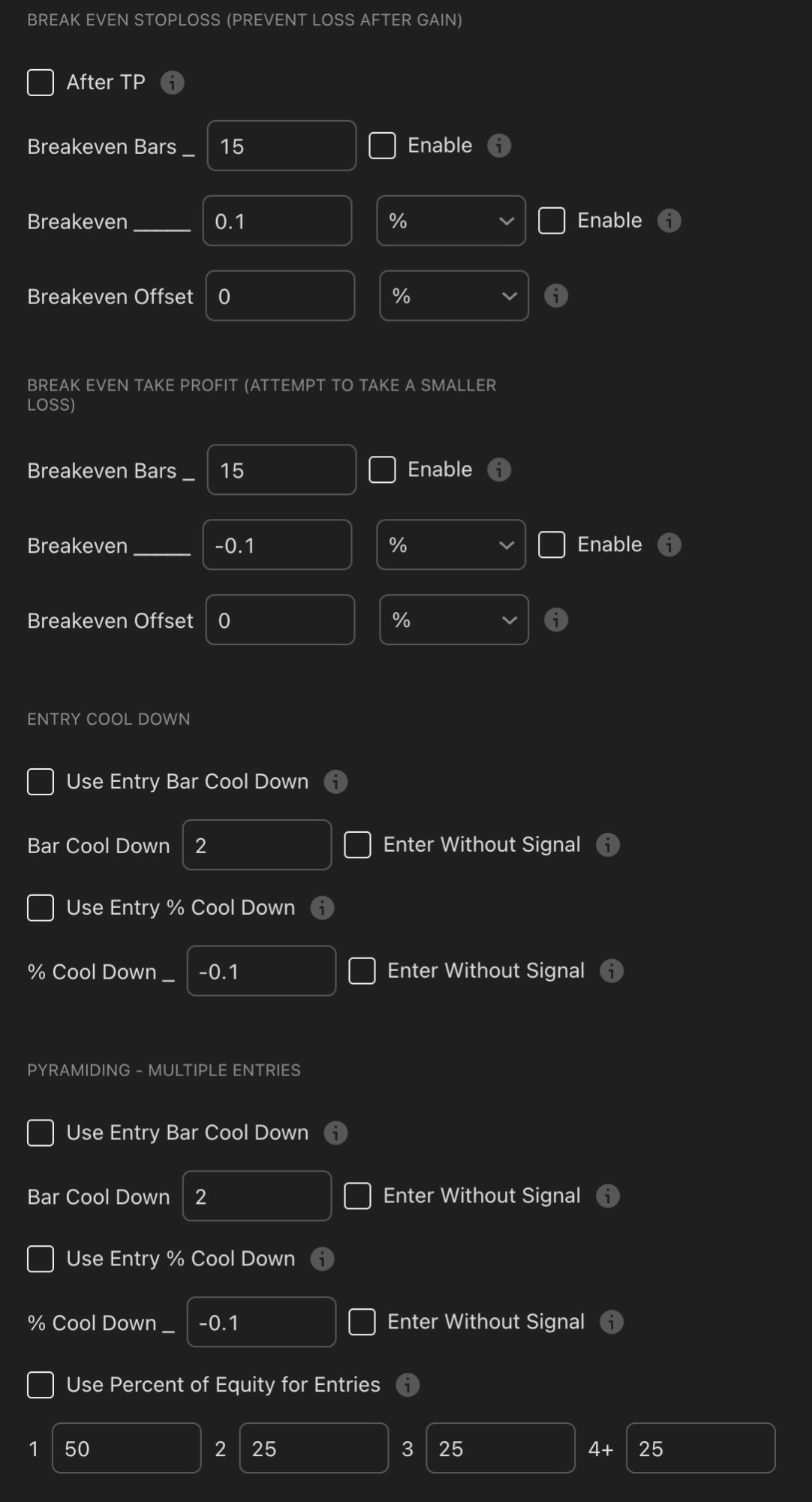 KQSKX break-even stop loss section showing After TP checkbox, Breakeven Bars 15 with Enable checkbox, Breakeven 0.1 percent with Enable checkbox, Breakeven Offset 0 percent. Below that Break Even Take Profit section showing Breakeven Bars 15, Breakeven minus 0.1 percent, Breakeven Offset 0. Then Entry Cool Down section with Use Entry Bar Cool Down checkbox, Bar Cool Down 2, Enter Without Signal checkbox, Use Entry Percent Cool Down checkbox, Percent Cool Down minus 0.1, Enter Without Signal. Then Pyramiding section with Use Entry Bar Cool Down, Bar Cool Down 2, Use Entry Percent Cool Down, Percent Cool Down minus 0.1, Use Percent of Equity for Entries, and allocation fields 1: 50, 2: 25, 3: 25, 4+: 25