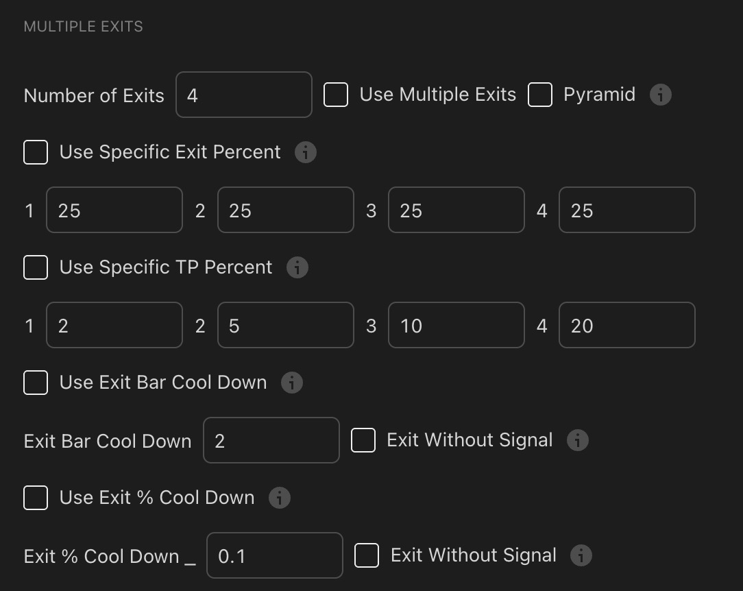 KQSKX multiple exits settings showing Number of Exits 4 with Use Multiple Exits and Pyramid checkboxes, Use Specific Exit Percent checkbox with allocations 1:25 2:25 3:25 4:25, Use Specific TP Percent with values 1:2 2:5 3:10 4:20, Use Exit Bar Cool Down, Exit Bar Cool Down 2, Exit Without Signal, Use Exit Percent Cool Down, Exit Percent Cool Down 0.1