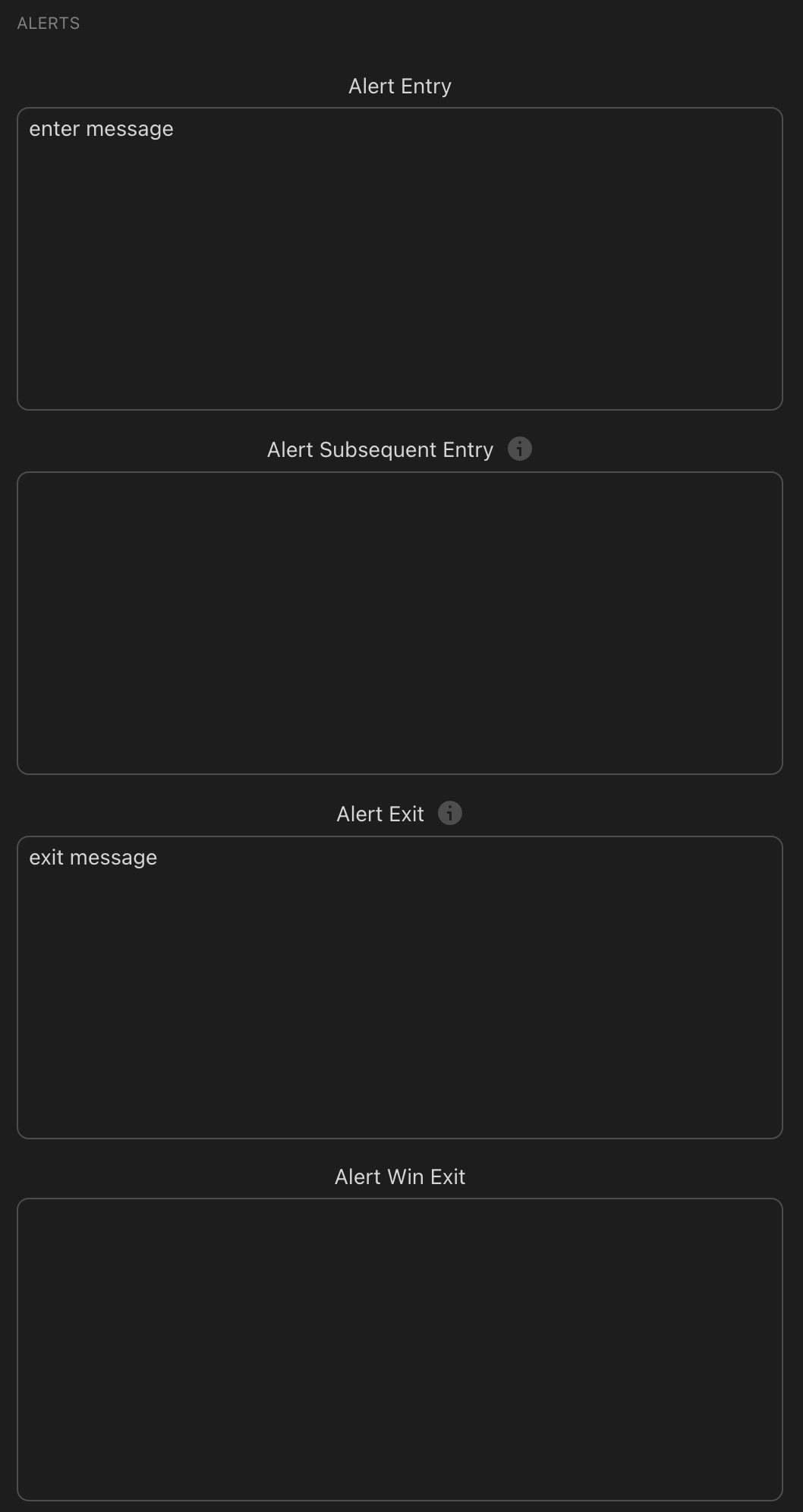 KQSKX alerts section showing Alert Entry text field with placeholder text 'enter message', Alert Subsequent Entry text field empty, Alert Exit field with placeholder 'exit message', and Alert Win Exit field empty