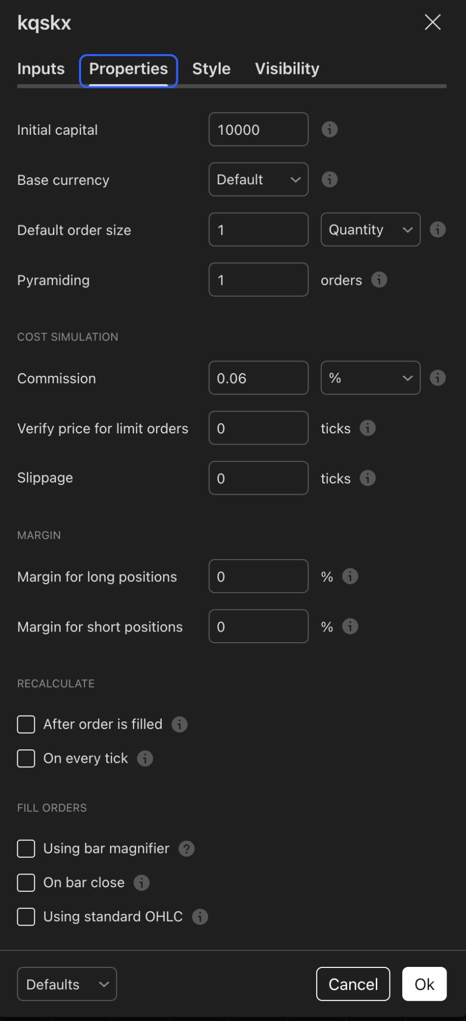 KQSKX Properties tab showing initial capital set to 10000, commission 0.06%, slippage and order size settings